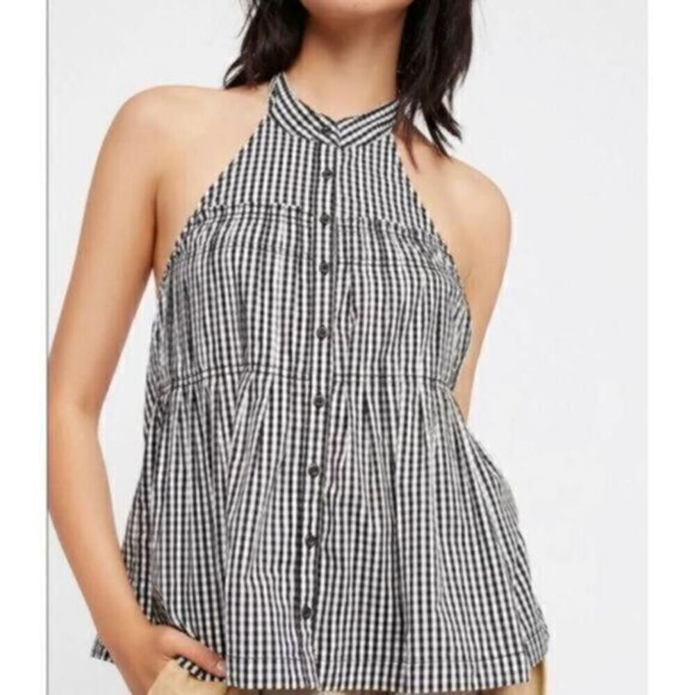 Free People Take It Easy Gingham Black & White Checkered Halter Top Size Small